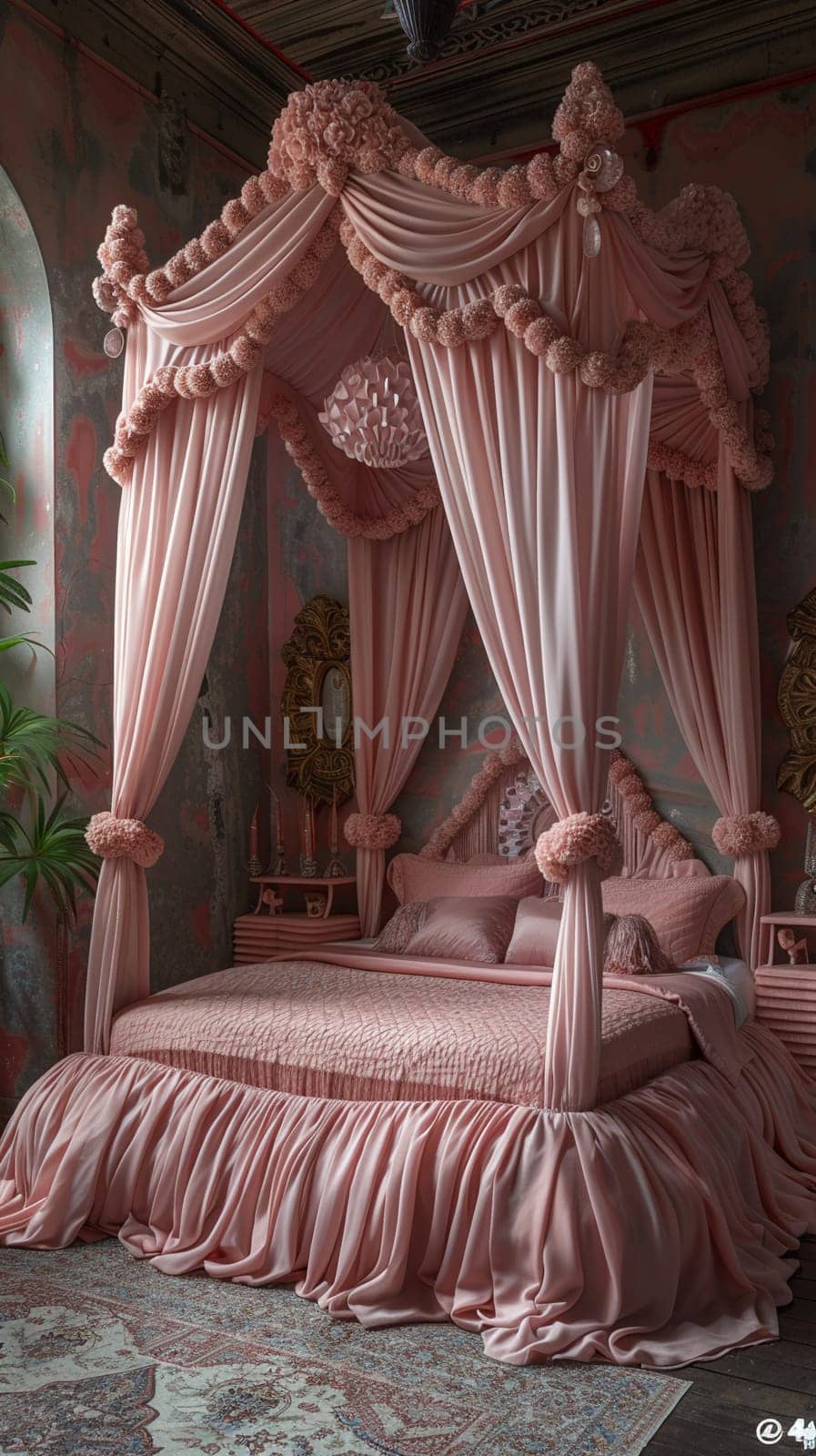 Fairy-tale princess bedroom with a canopy bed and whimsical decor.