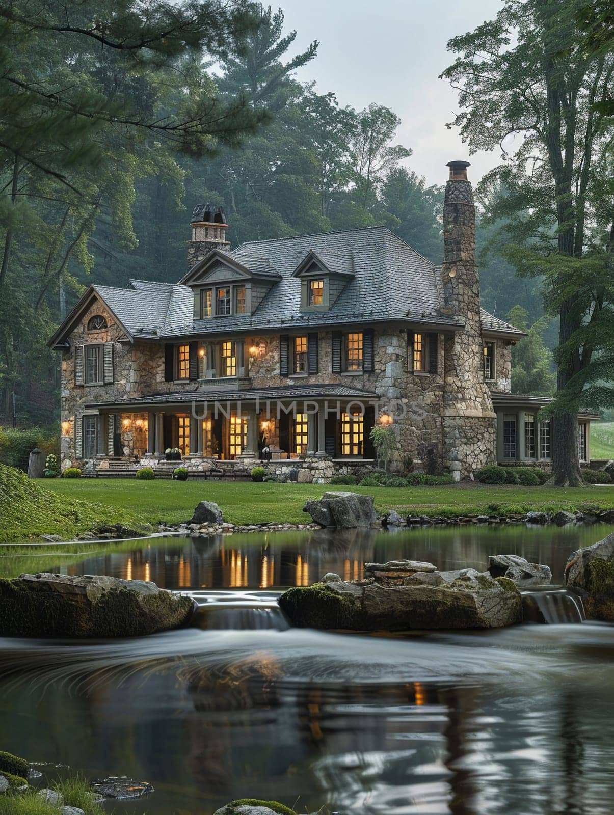 Traditional Stone English Countryside Estate, with rolling hills and private pond.