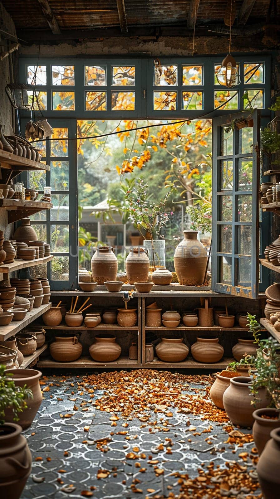Rustic pottery studio with clay tools and a kiln.