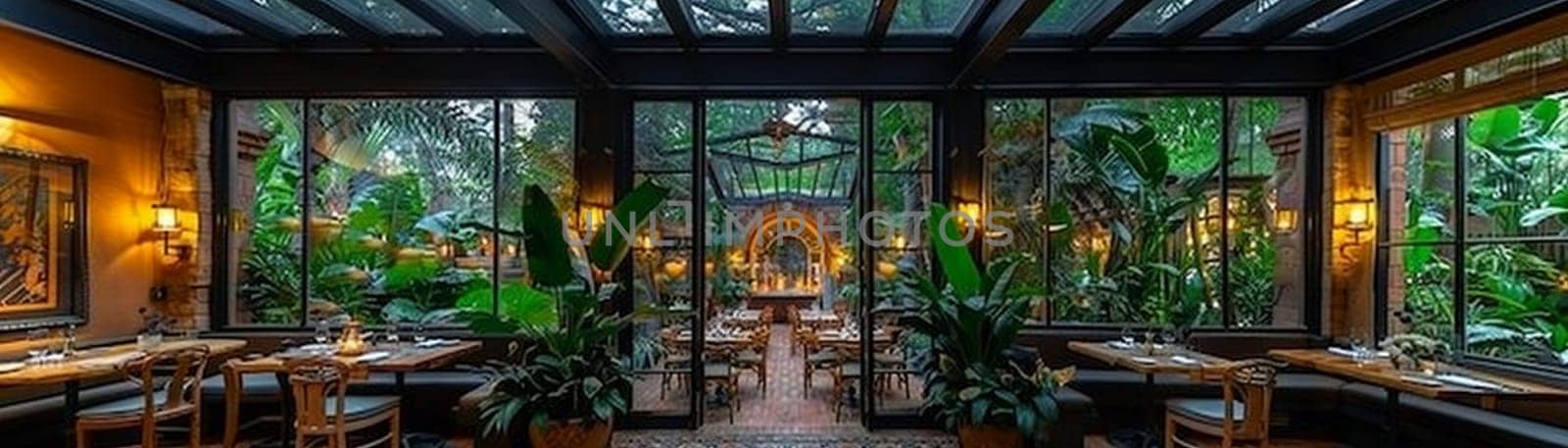 Secret garden indoor dining area with lush foliage, twinkling lights, and a glass ceiling.