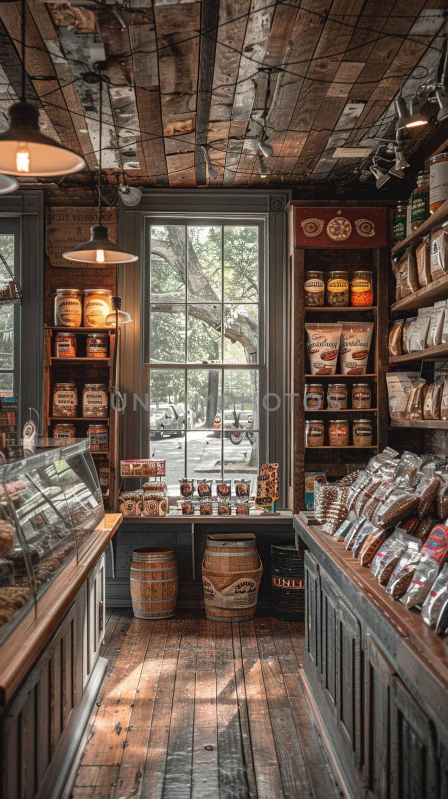 Old-fashioned general store with wooden counters, candy jars, and nostalgic merchandise.