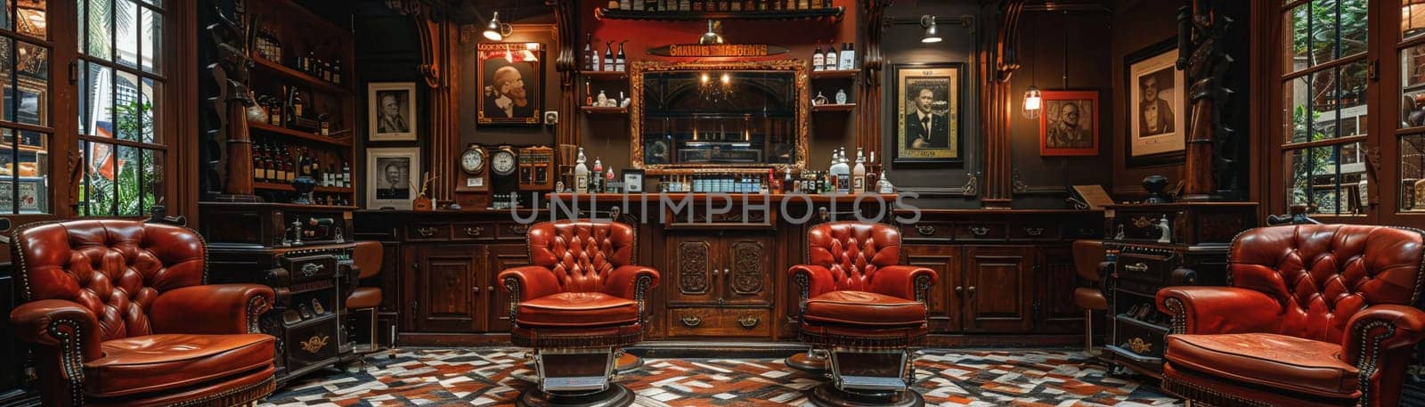 Vintage barbershop interior with classic chairs and nostalgic decor.
