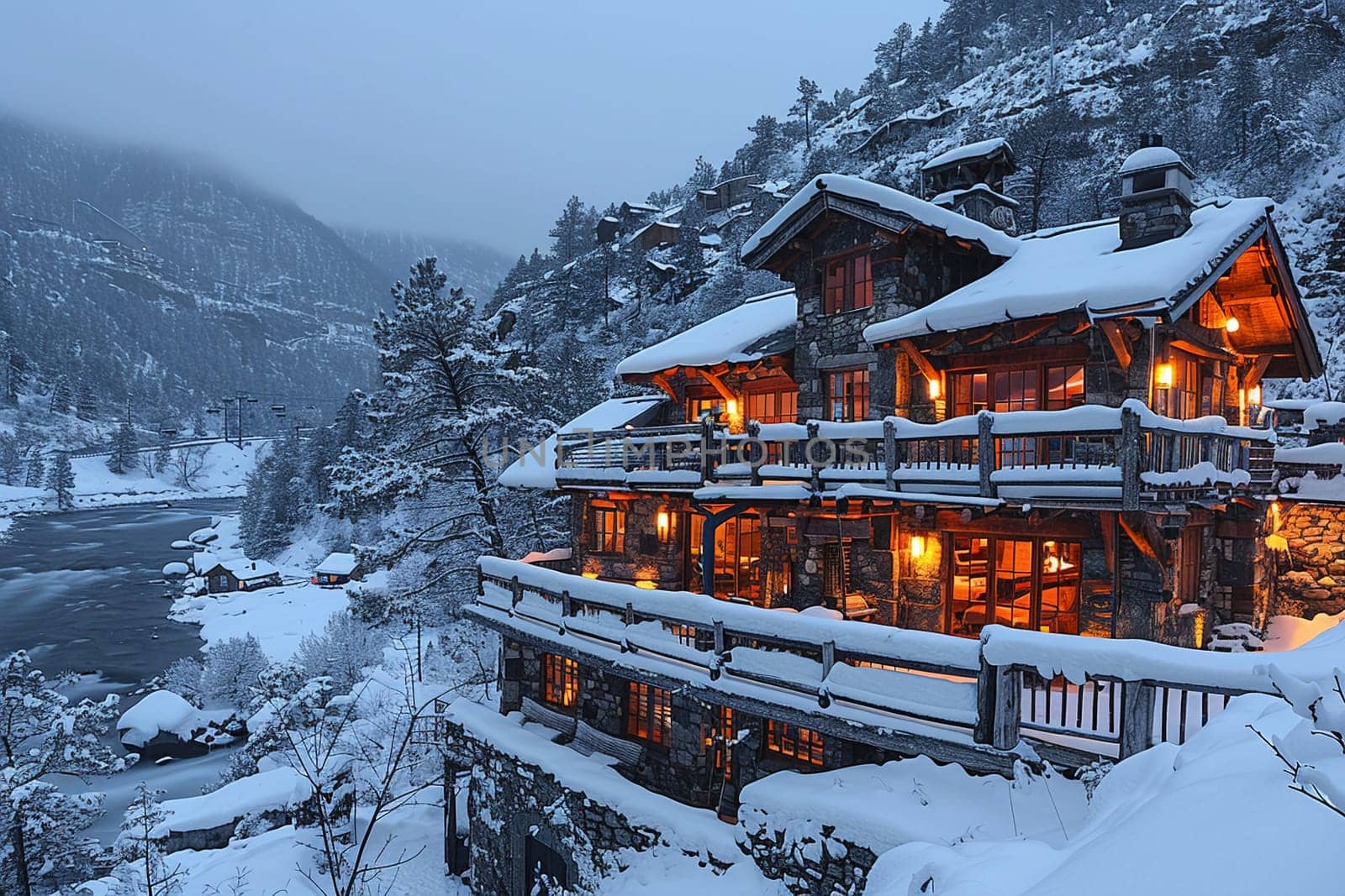 Remote Ski Lodge with Cozy Fireplaces and Snow-Covered Roofs by Benzoix