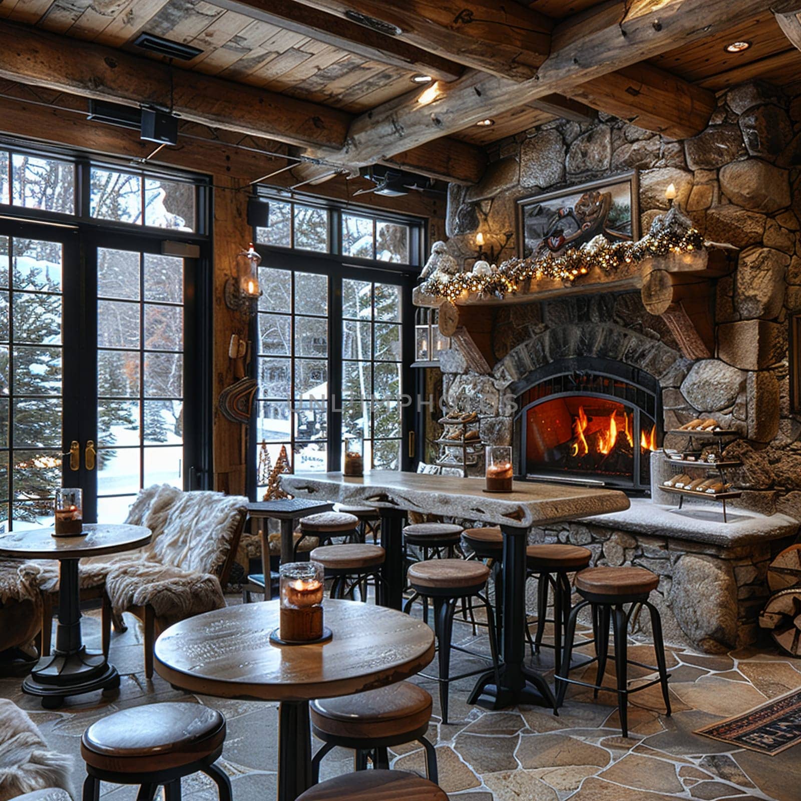 Cozy ski lodge cafe with warm fireplaces wooden beams by Benzoix