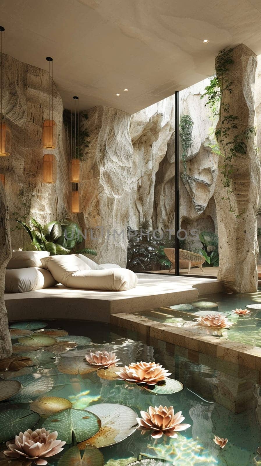 Serene water-themed spa with indoor ponds and floating flower arrangements