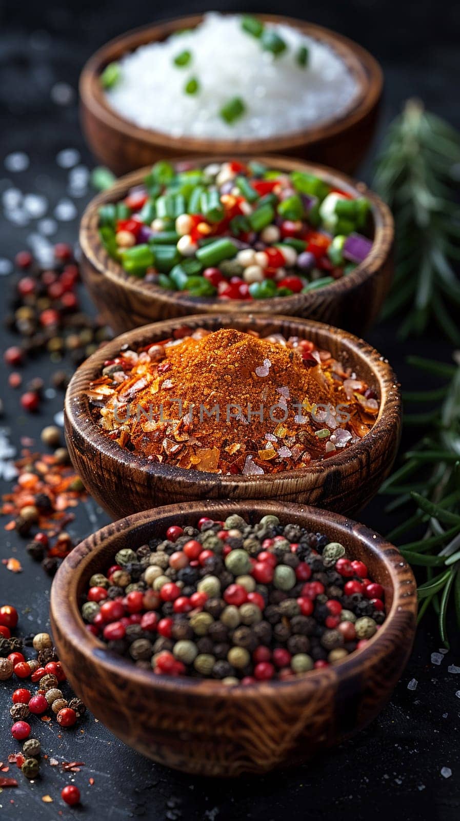 Set of spices and condiments in small bowls, suggesting cooking and flavor.