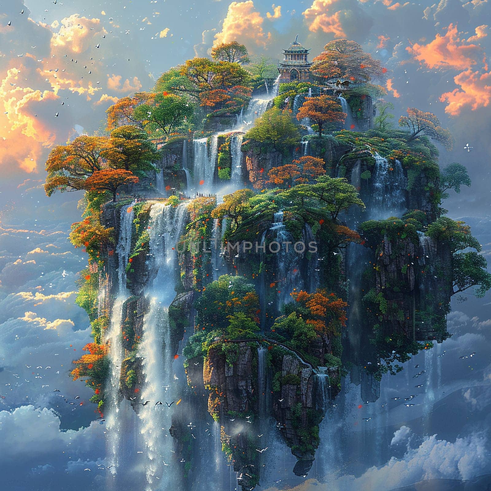 Surreal floating island with a cascading waterfall, illustrated in a dreamy and imaginative style.