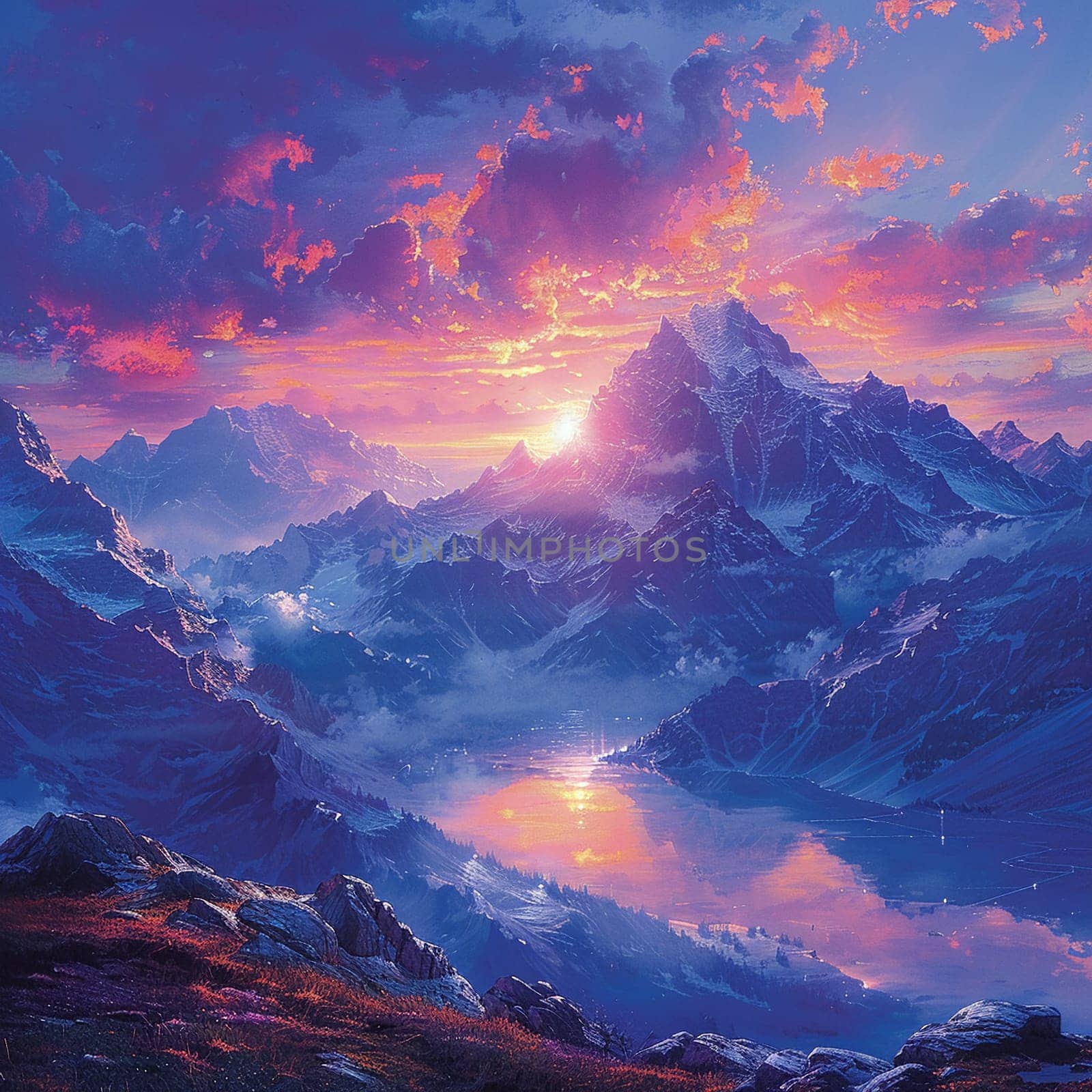 Mountain peak sunset painted with an emphasis on dramatic lighting and expansive views in a romantic style. by Benzoix