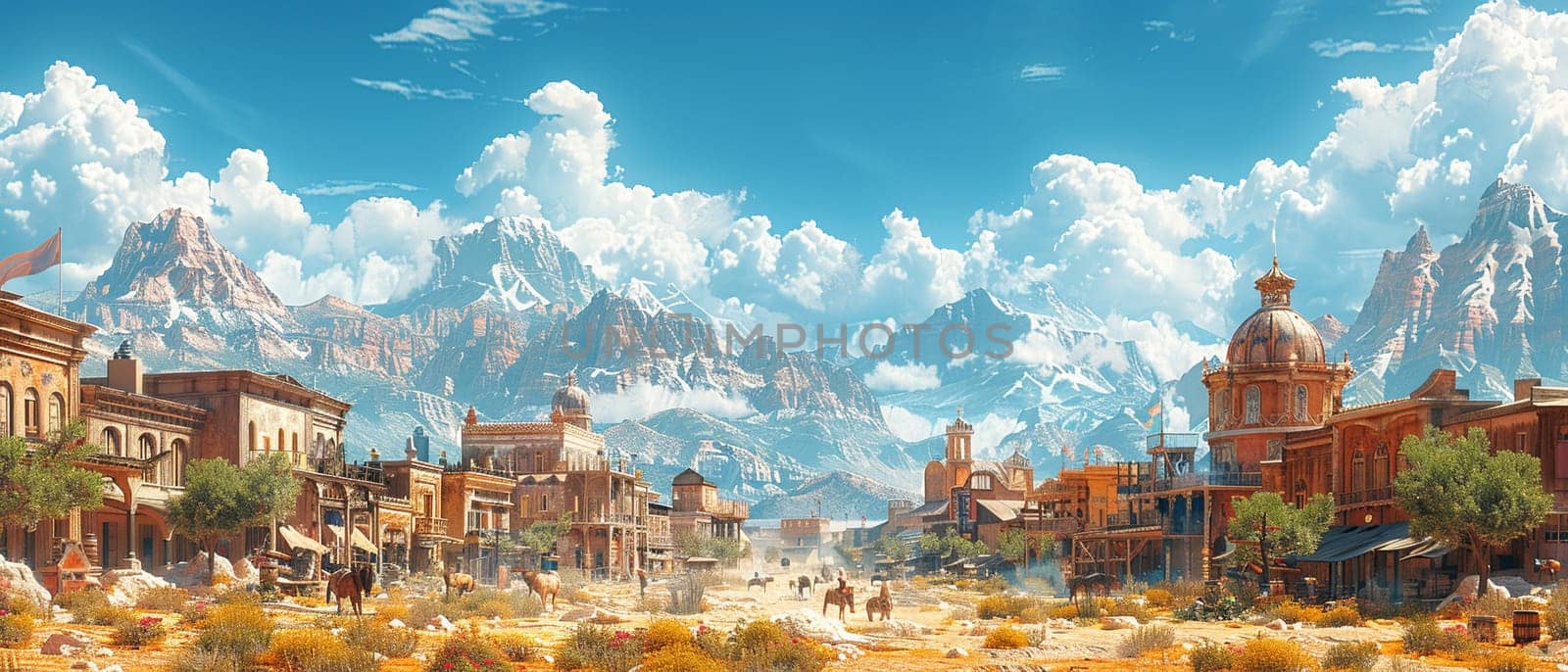 Wild west town at high noon, captured in a spaghetti western illustration with heat and tension.