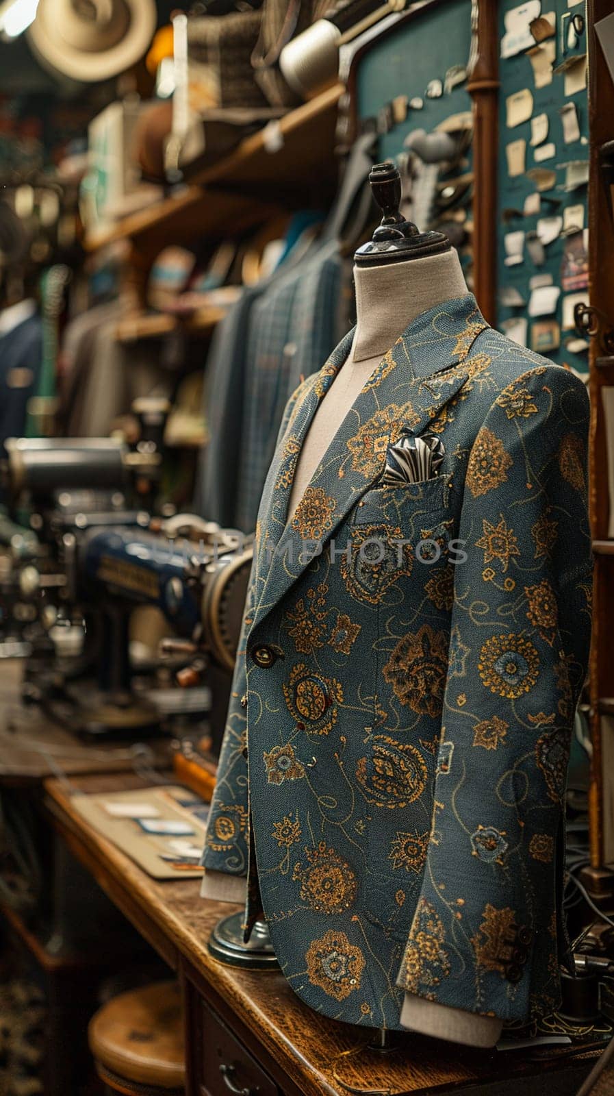 Tailored Suits Craft Professional Image in Business of Custom Fashion, Sewing machines and fabric swatches measure out a story of elegance and fit in the tailoring business.