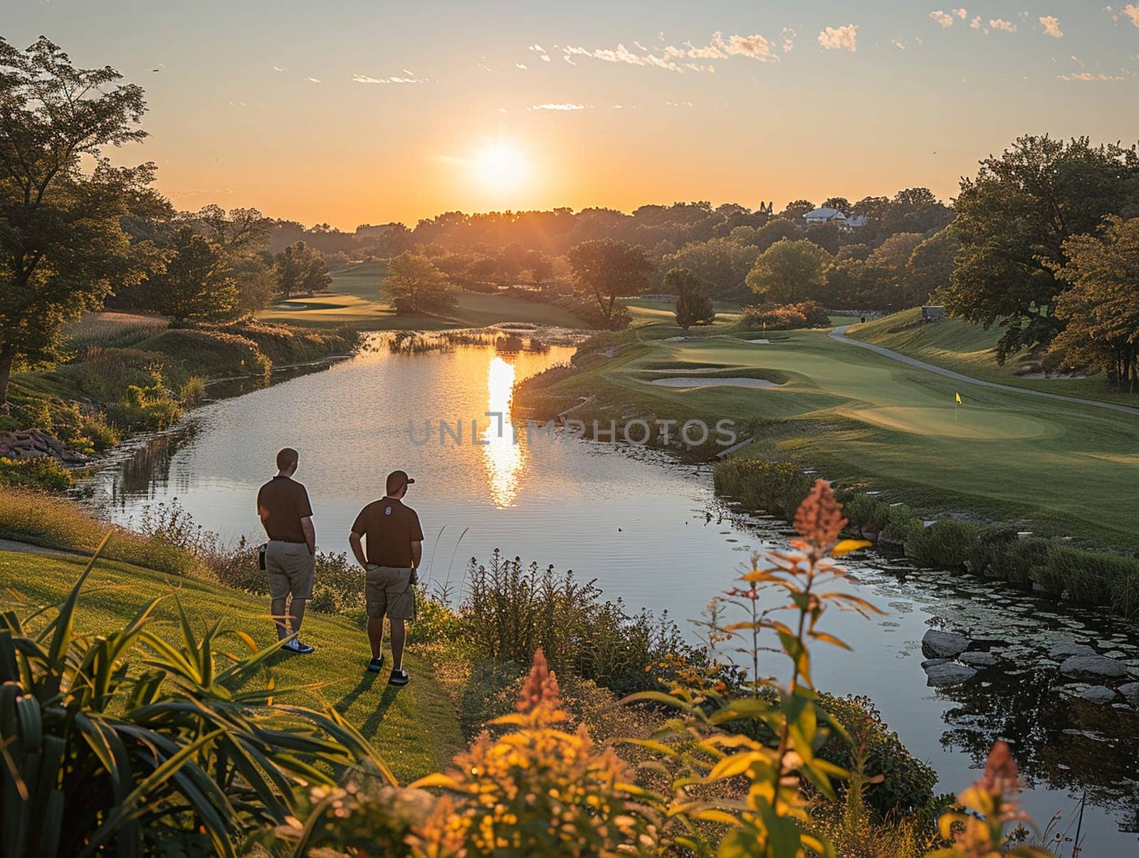 Business Professionals Enjoy Scenic Views During Corporate Golf Outing, Colleagues bond and network against the backdrop of a lush golf course.