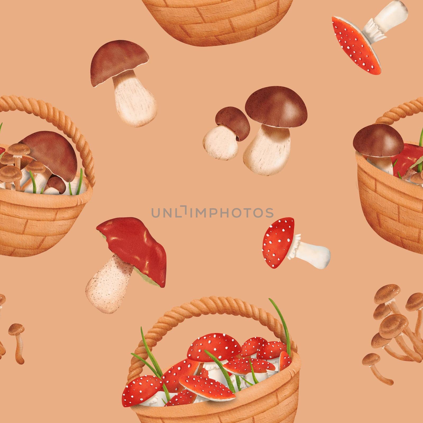 Woodland seamless pattern. harvest of various mushrooms. Baskets filled with forest treasures. Edible penny bun and porcini mushrooms. Dangerous and poisonous fly agaric. Beige background watercolor by Art_Mari_Ka