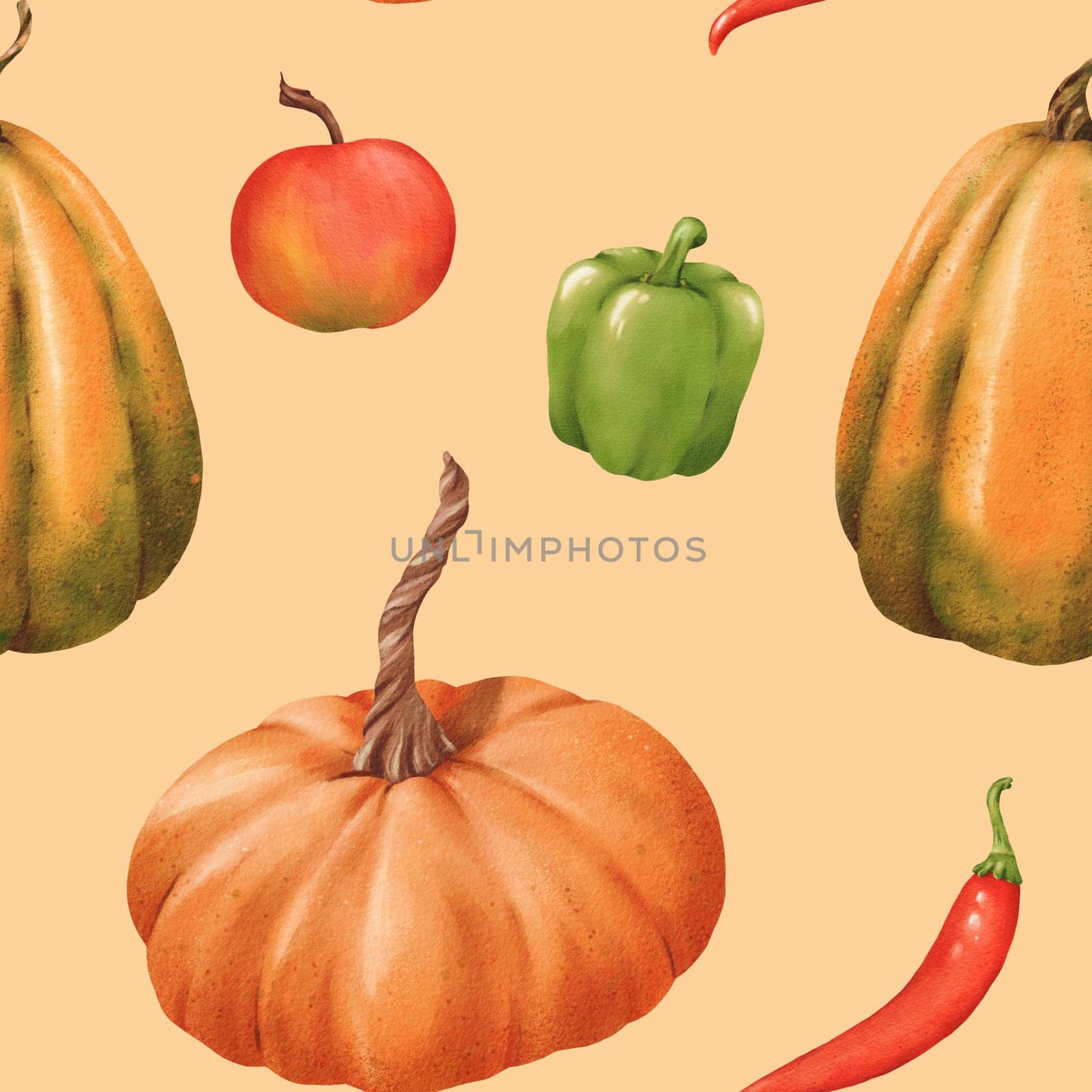Seamless pattern of Pumpkins apples, pepper paprika chili. Watercolor illustration. Autumn harvest. Delicious ripe vegetable. Vegetarian raw food. For posters, websites, notebooks, textbooks.