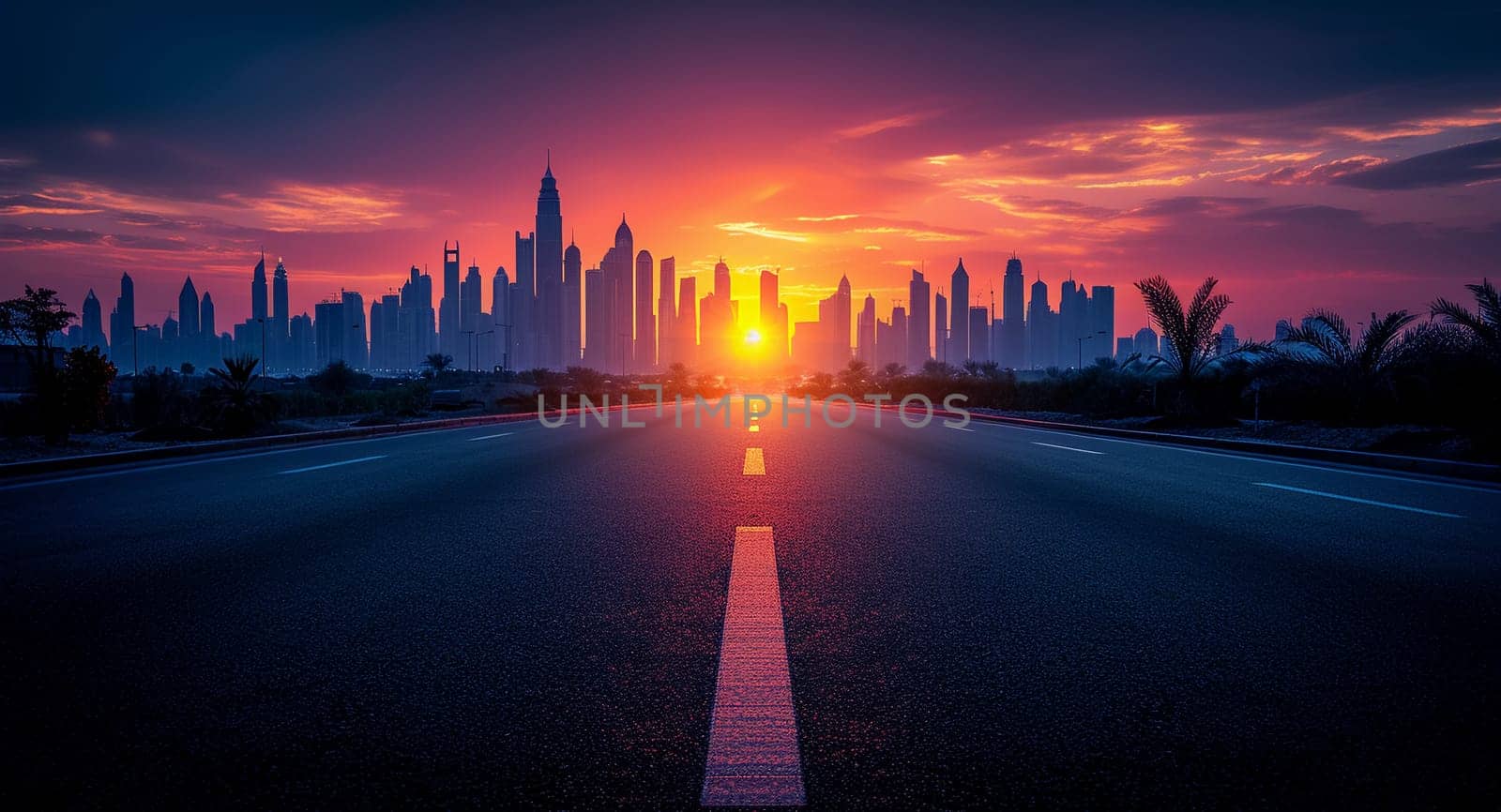 The perspective of the road against the background of sunset and the cityscape. High quality photo