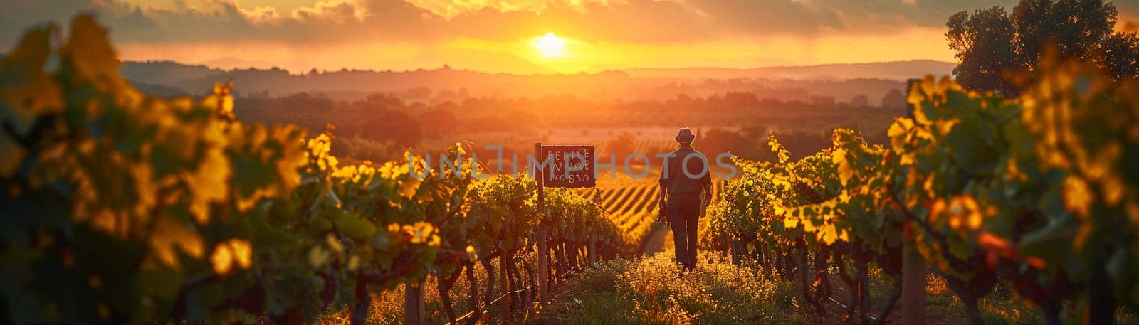 Winemaker Inspects Vineyard for Perfect Business Blend, Rows of vines under the sun compose a vista of dedication to the art of winemaking.