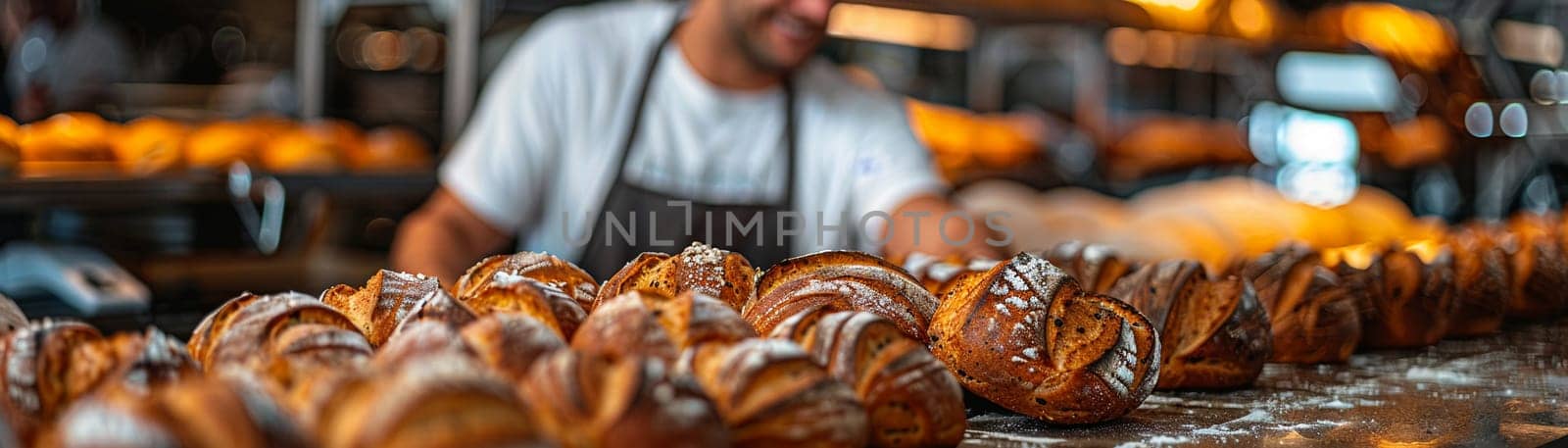 Artisan Baker Crafts Specialty Breads for Business Clients, The scent of fresh bread fills the air as a baker prepares loaves for discerning businesses.