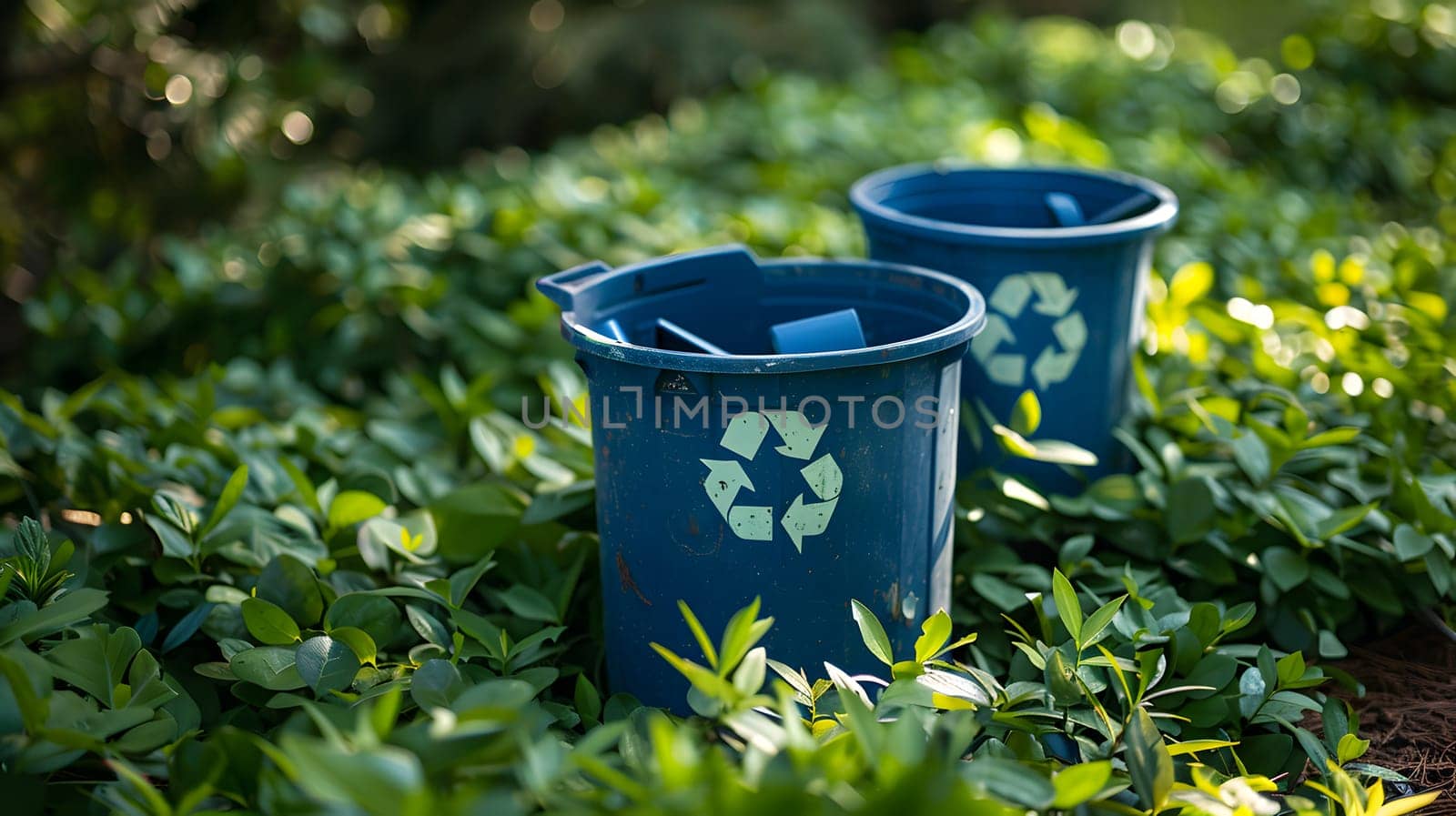 Two electric blue waste containers are placed on the grass, amidst a natural landscape with shrubs and terrestrial plants