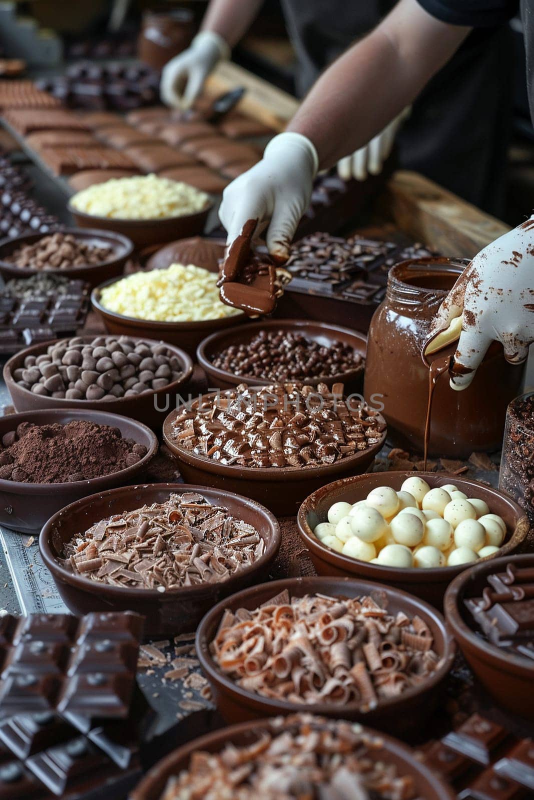 Chocolatier Studio Crafts Decadent Delights in Business of Sweet Artistry, Chocolate shavings and tempering tools mold a narrative of luxury and indulgence in the chocolatier business.