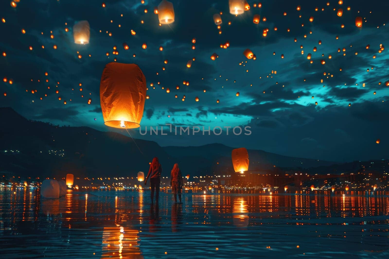 people lighting flying lanterns in night sky. ai generated
