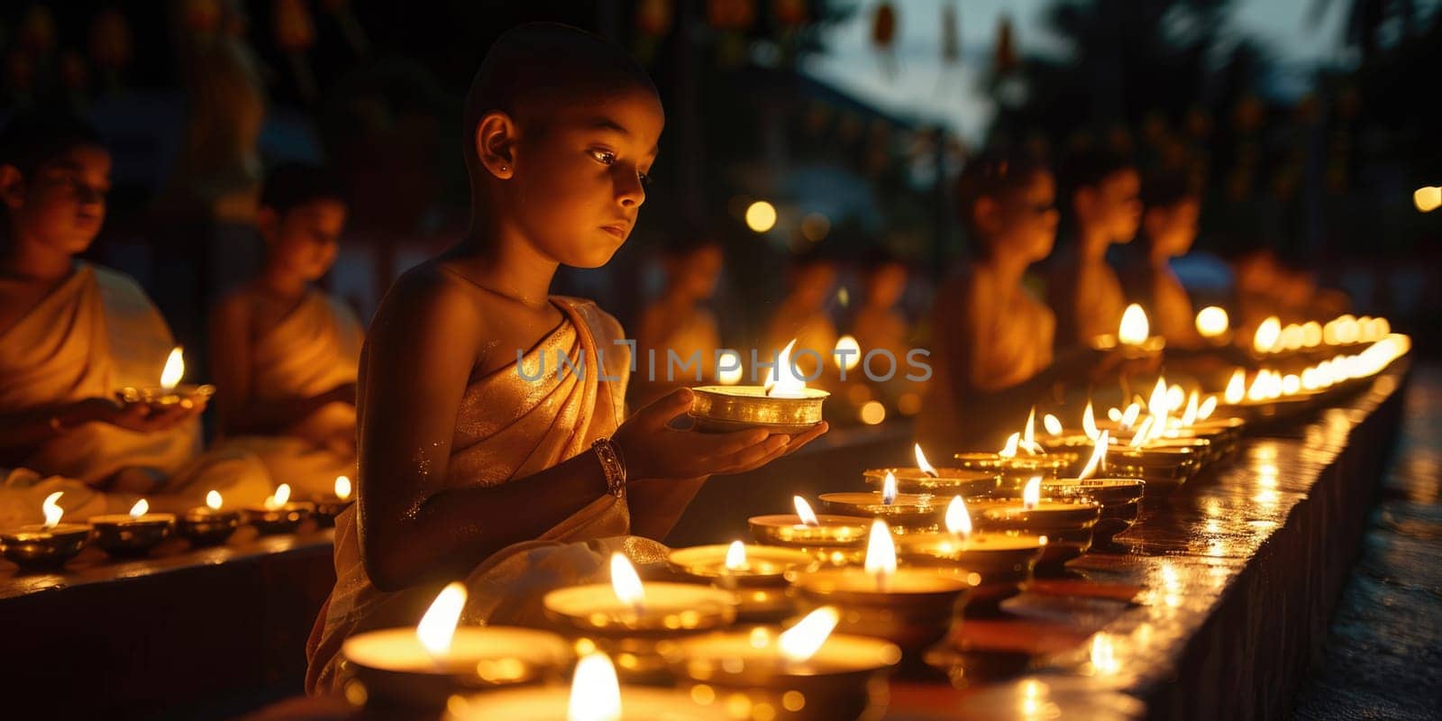 people praying in buddish holiday Vesak, outdoors lit with candles. ai generated by Desperada