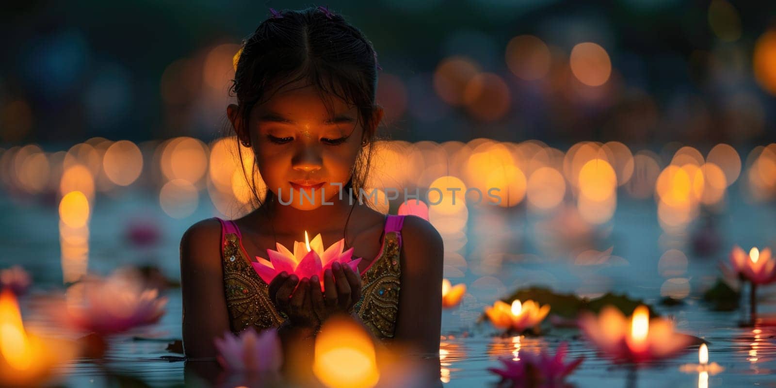 Vesak holiday. woman praying in buddish holiday Vesak, outdoors lit with candles. ai generated