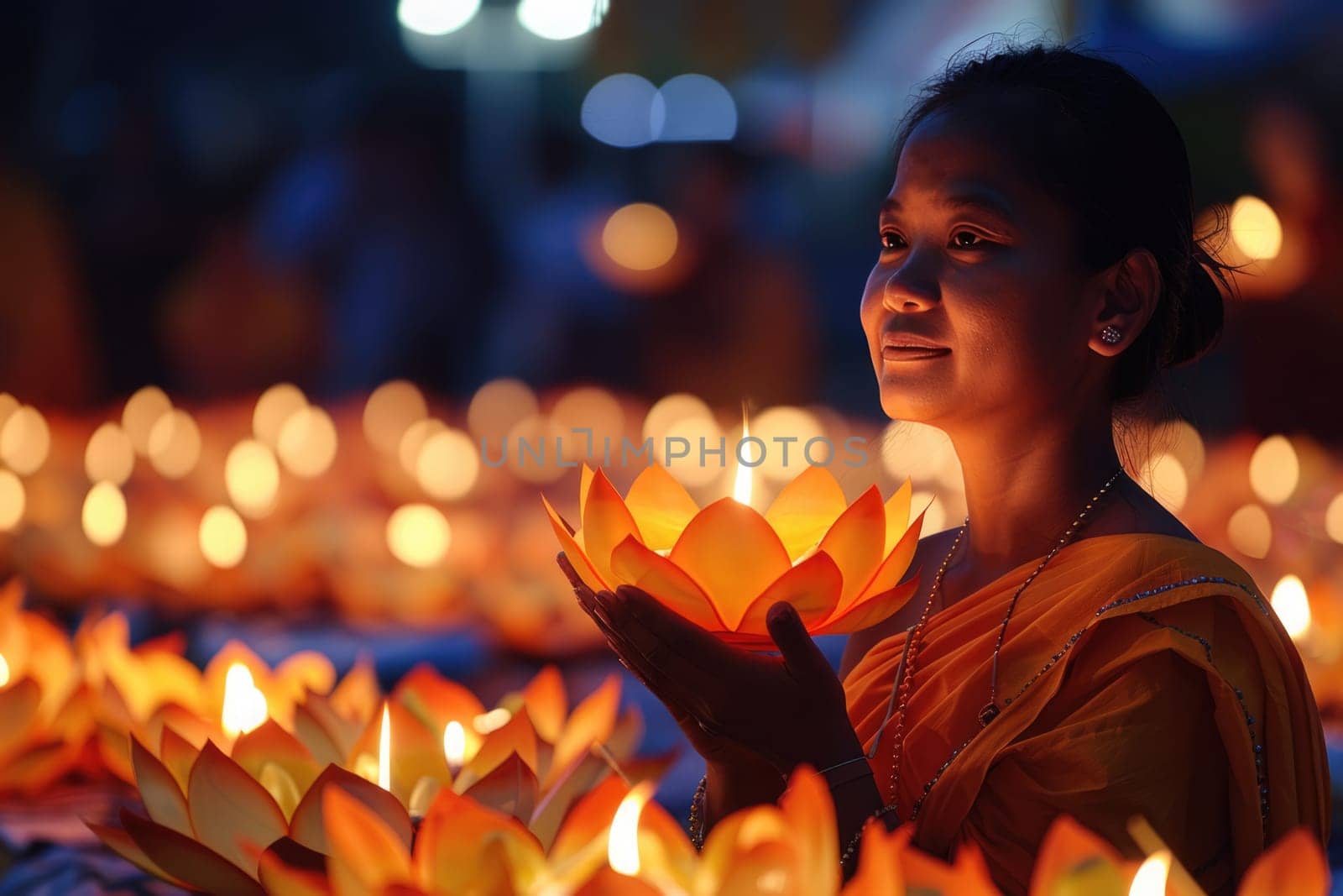 Vesak holiday. woman praying in buddish holiday Vesak, outdoors lit with candles. ai generated