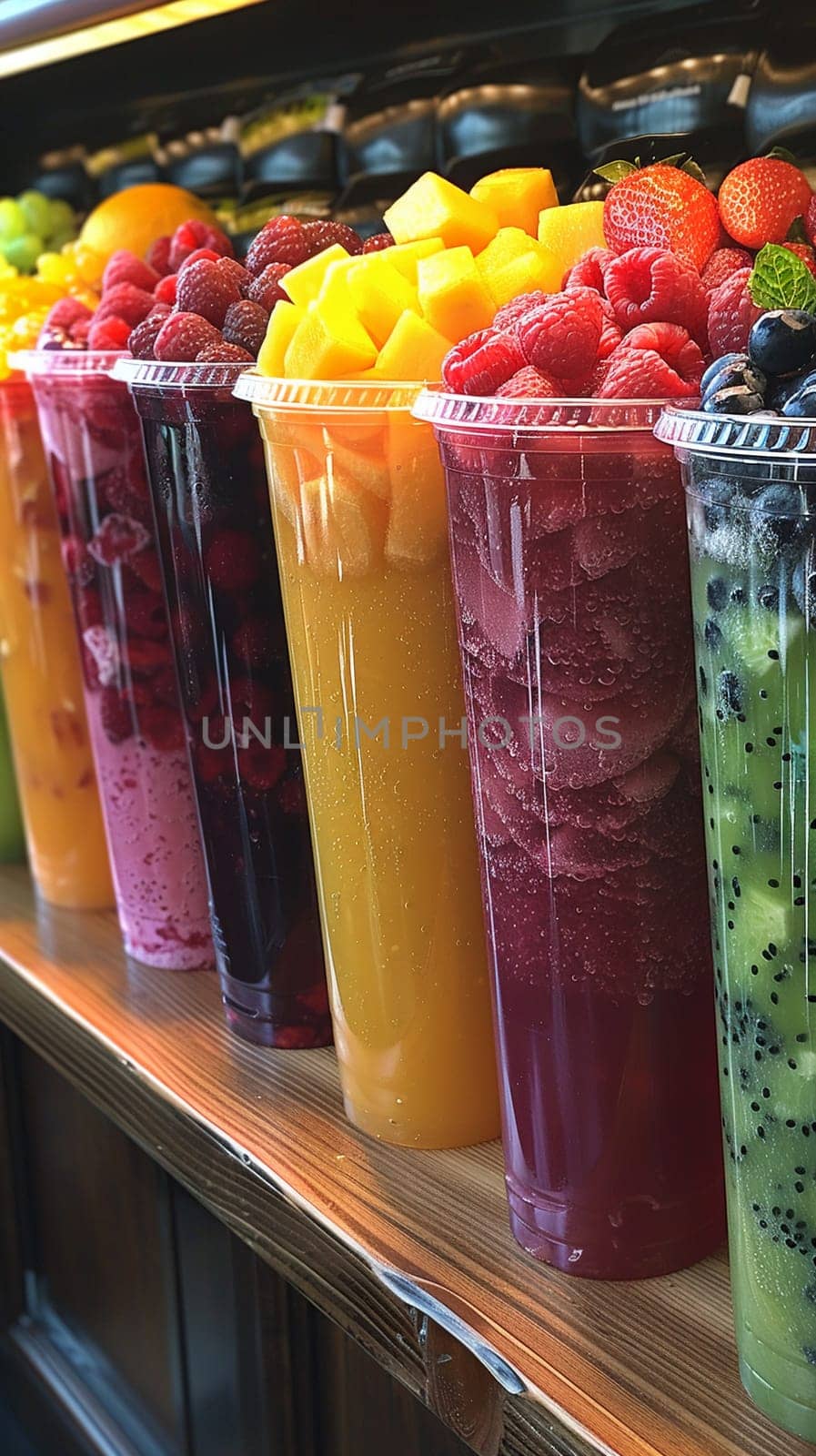 Vibrant Smoothie Kiosk Blends Health with Taste in Business of Refreshing Beverages, Blended fruits and colorful smoothies blend a story of health with taste and refreshing beverages in the vibrant smoothie kiosk business.