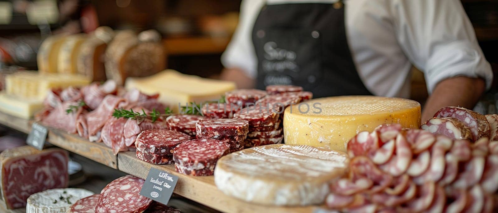 European Delicatessen Serves Tradition in Business of Imported Gourmet Specialties, Cheese wheels and cured meats serve tradition and imported gourmet specialties in the European delicatessen business.