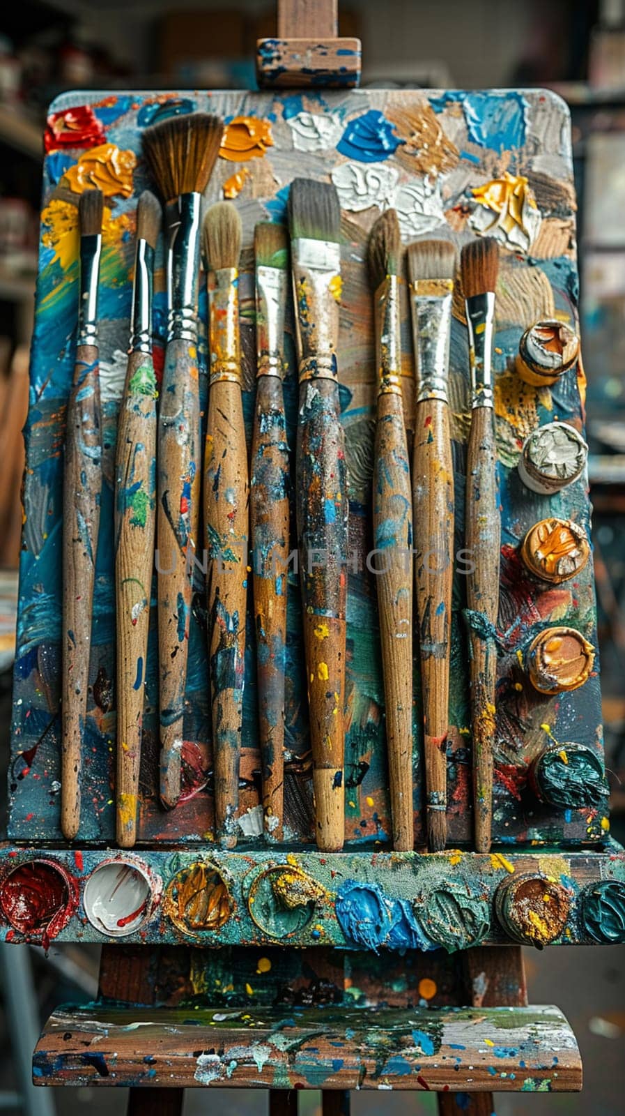 Inspiring Art Studio Encourages Creative Expression in Business of Artistic Development, Easels and paintbrushes encourage creative expression and artistic development in the inspiring art studio business.