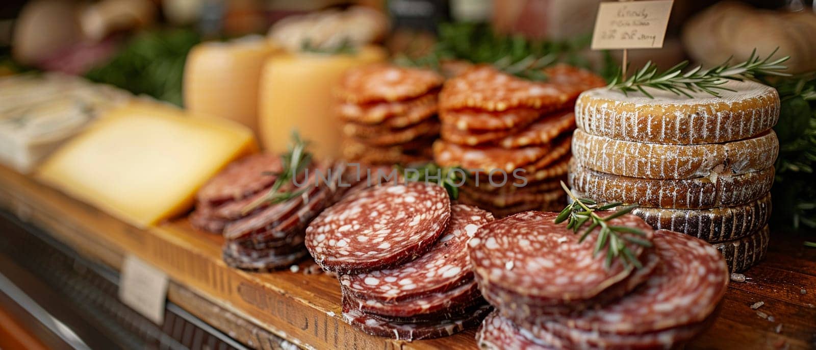 European Delicatessen Serves Tradition in Business of Imported Gourmet Specialties, Cheese wheels and cured meats serve tradition and imported gourmet specialties in the European delicatessen business.