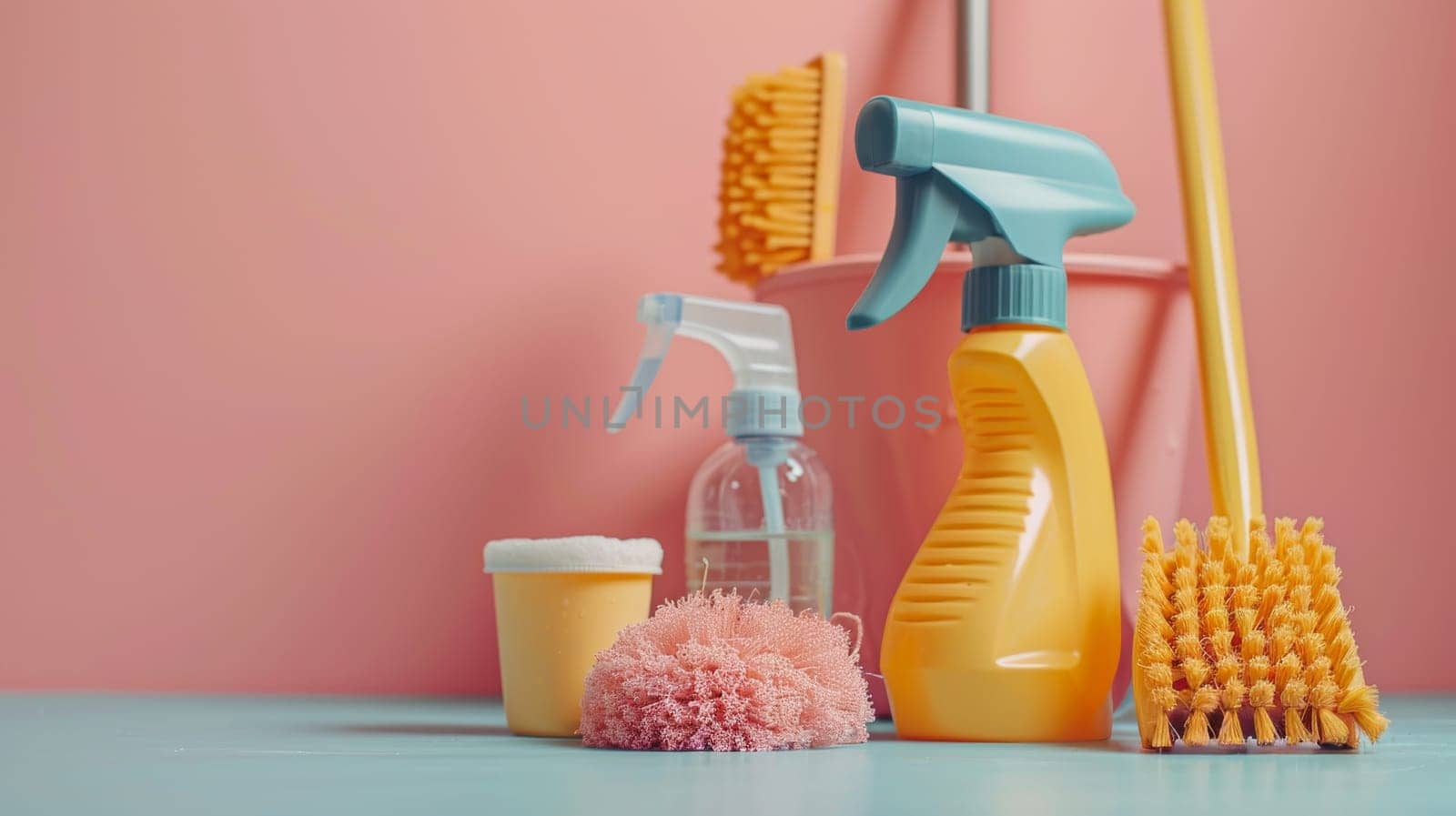 A row of pink cleaning tools including a toothbrush a scrub brush and a sponge. maid and house keeper by itchaznong