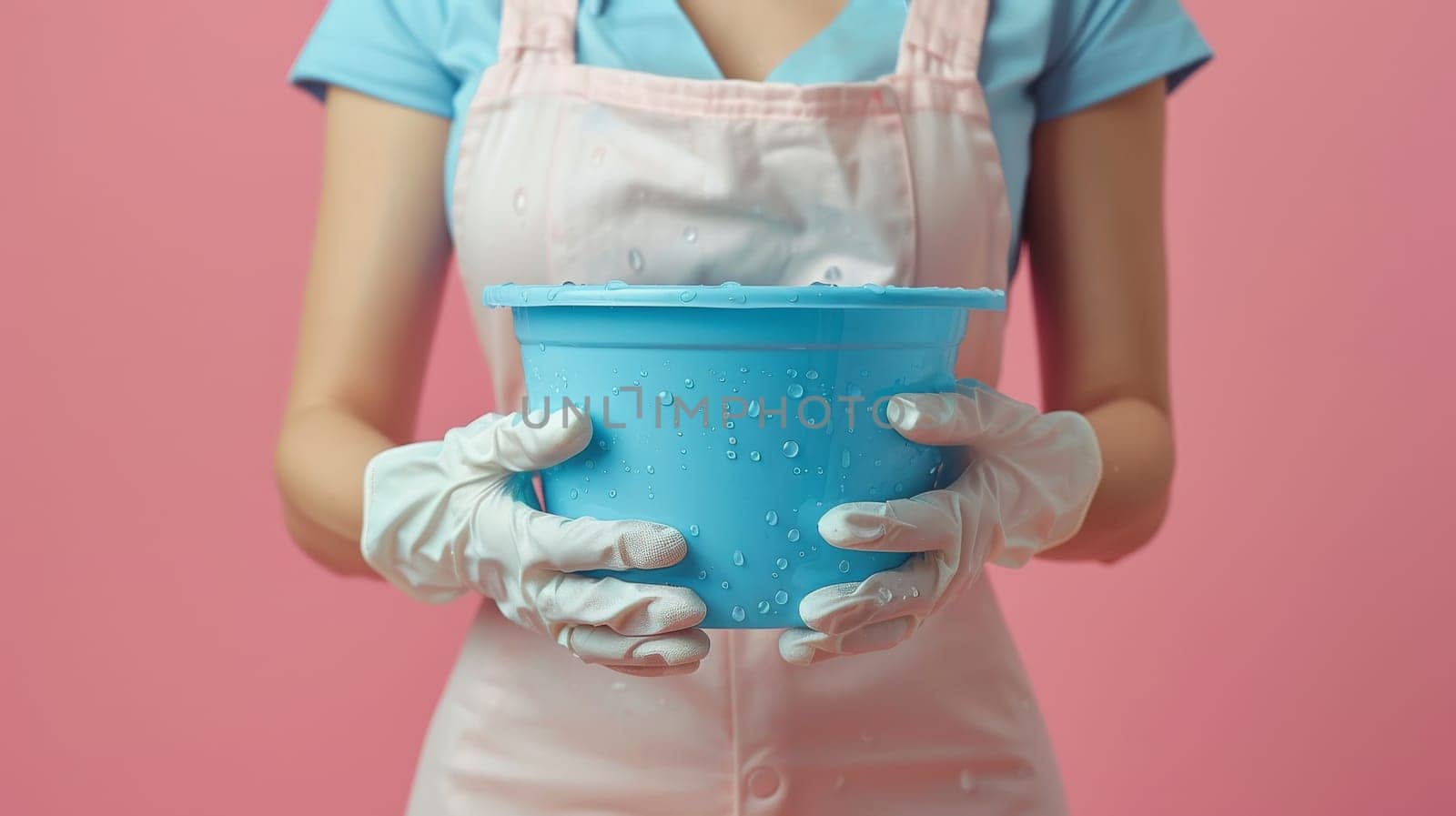 A woman in a yellow apron with a pink shirt. She is wearing gloves and has her arms crossed