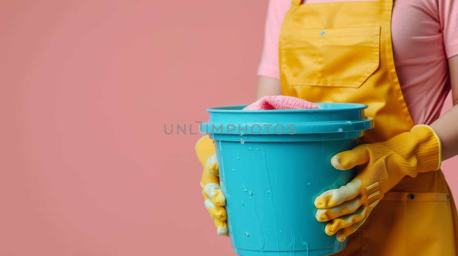 A woman in a yellow apron with a pink shirt. She is wearing gloves and has her arms crossed