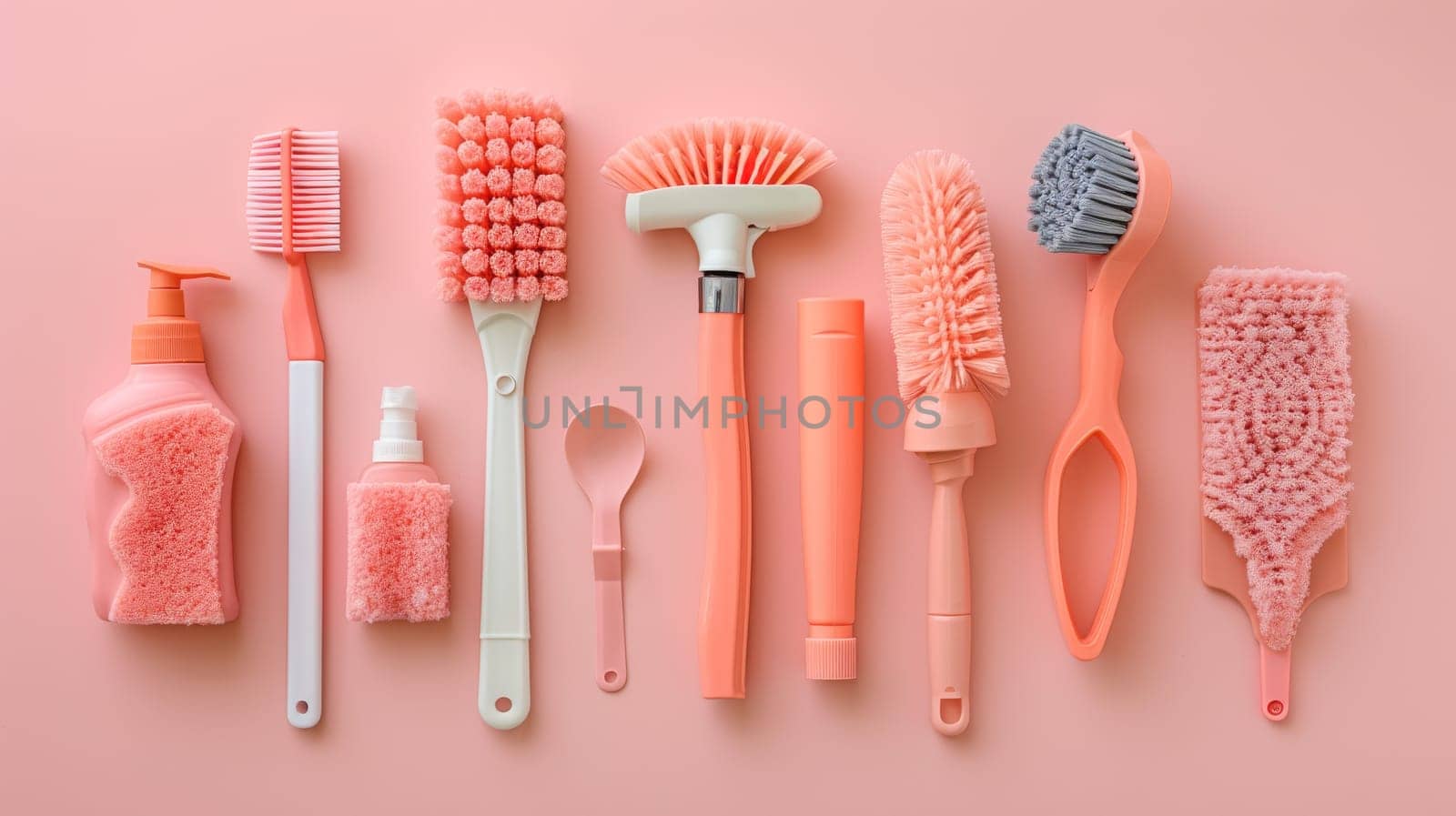 A row of pink cleaning tools including a toothbrush a scrub brush and a sponge. maid and house keeper by itchaznong