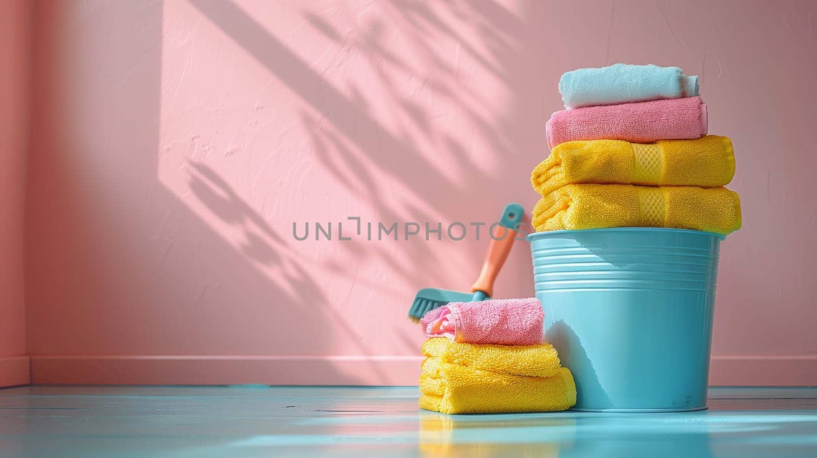 A blue bucket filled with towels of different colors sits on a blue floor. maid and house keeper concept. by itchaznong