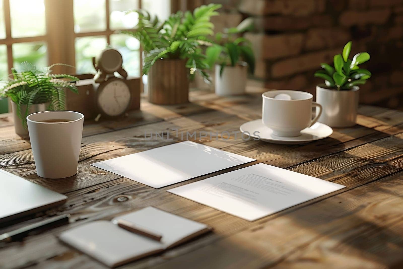 A collection of office supplies including a notebook, a pen, a cup, and a clock. Concept of productivity and organization