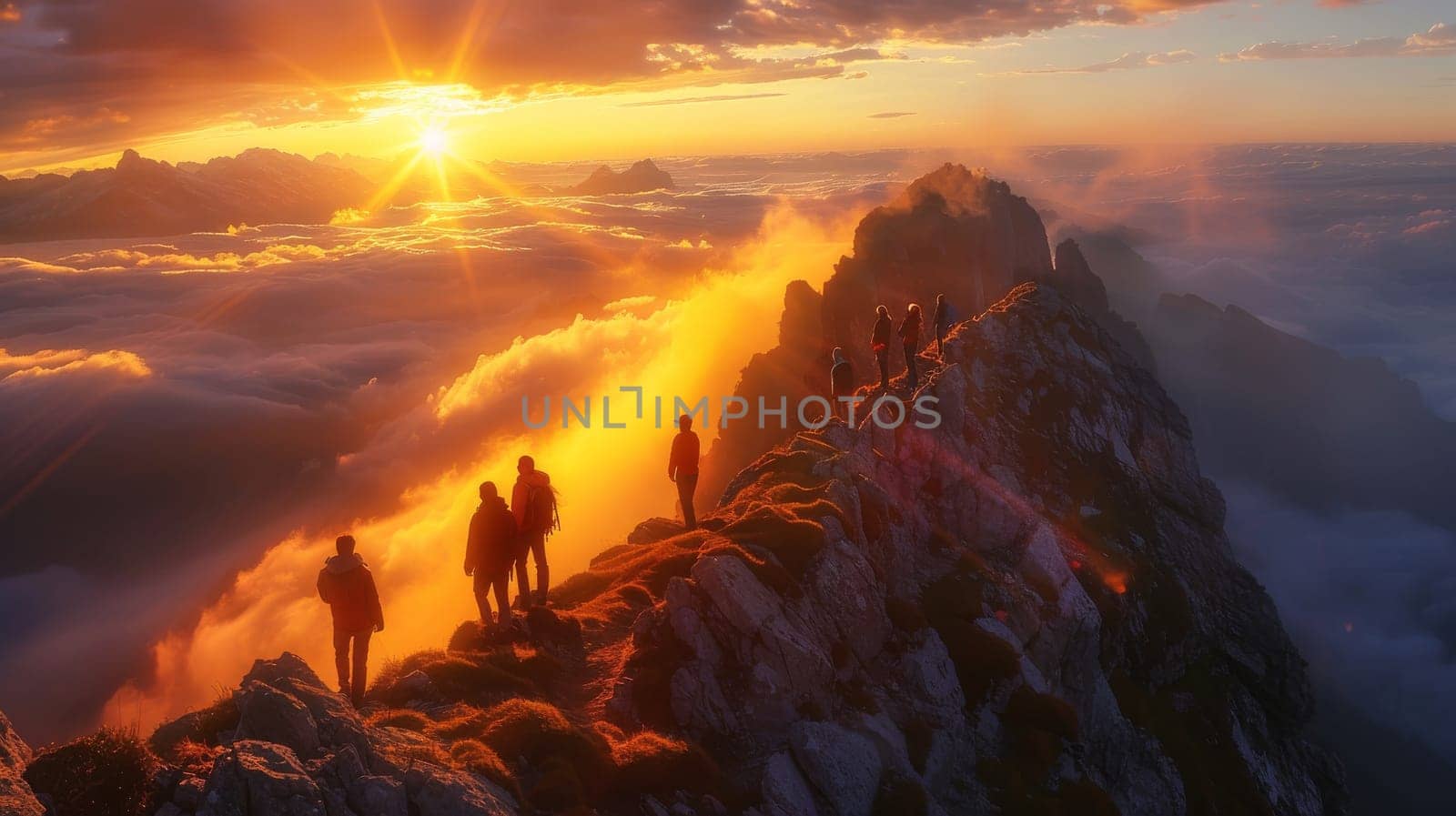 A group of people are standing on a mountain top, looking out at the beautiful sunset. The sky is filled with clouds and the sun is shining brightly, creating a warm and peaceful atmosphere