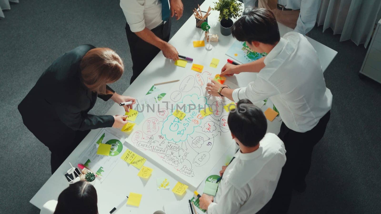 Top view of professional business team working together to brainstorm environmental idea by using mind map. Aerial view of smart manager talking and discussing about sustainable energy. Alimentation.