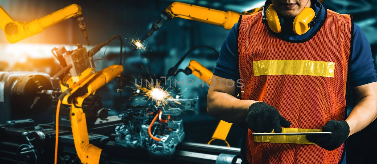 XAI Engineer use advanced robotic software to control industry robot arm in factory. Automation manufacturing process controlled by specialist using IOT software connected to internet network.