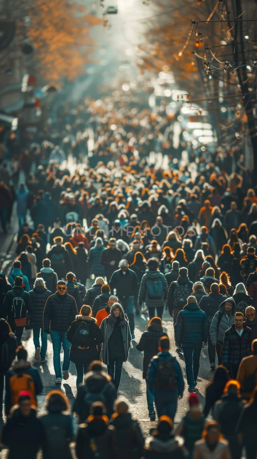 A busy street with a large crowd of people walking down it. The people are wearing winter clothes and some are carrying backpacks. The scene is bustling and lively, with people of all ages