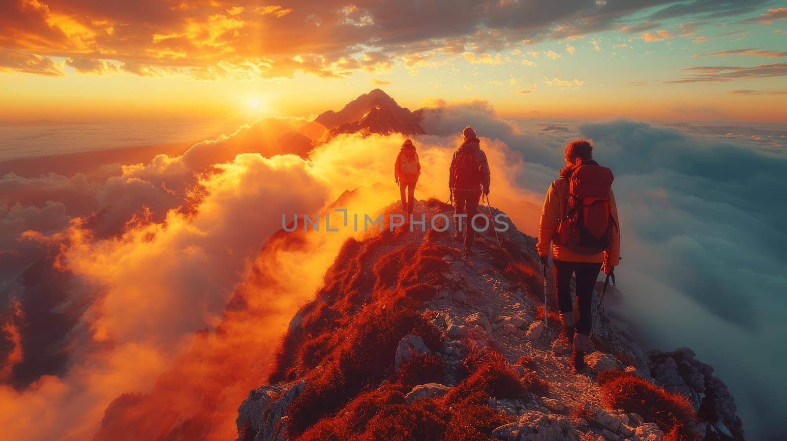 Three people are hiking up a mountain with a beautiful orange sunset in the background. The sky is filled with clouds, and the sun is setting behind the mountain. The hikers are wearing backpacks