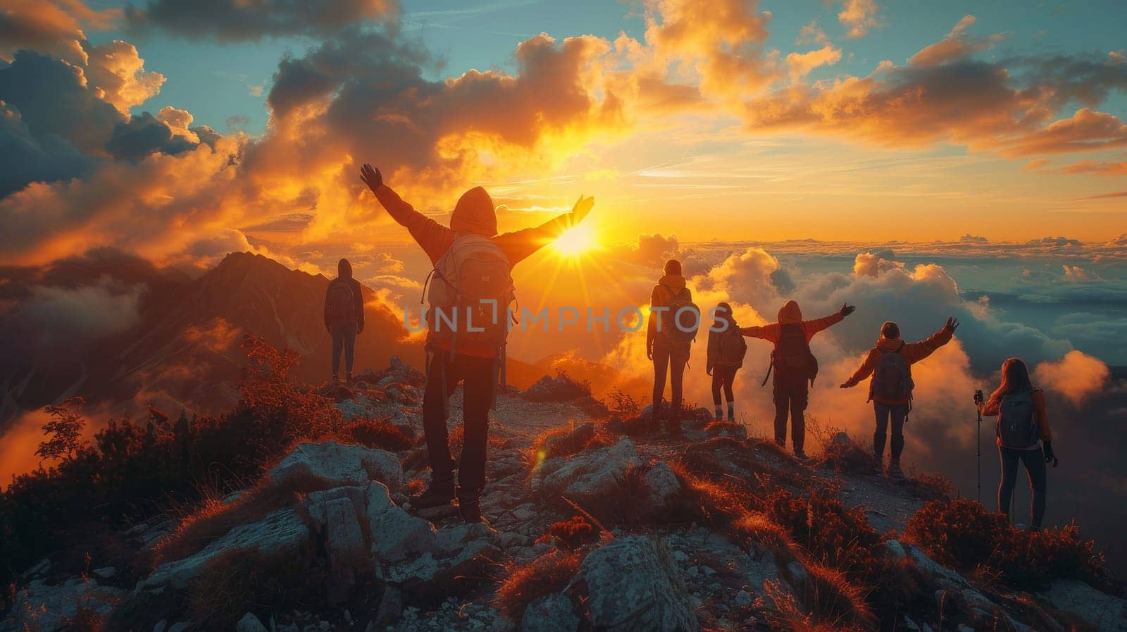 A group of people are standing on a mountain top. travel concept. by itchaznong