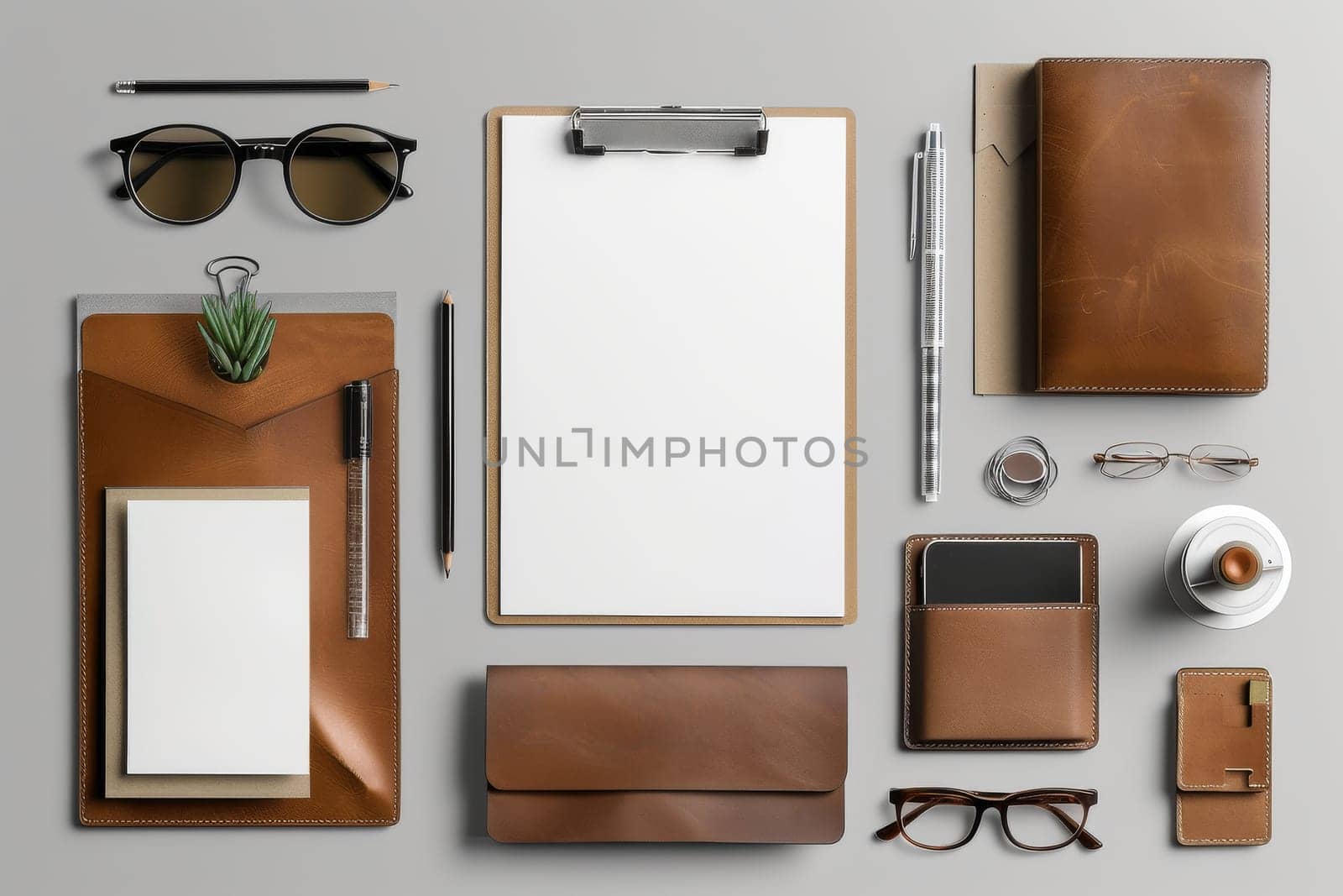 A collection of leather items, including a wallet, a pen, a notebook, and a pair of glasses. The items are arranged on a table, and the overall mood of the image is professional and sophisticated