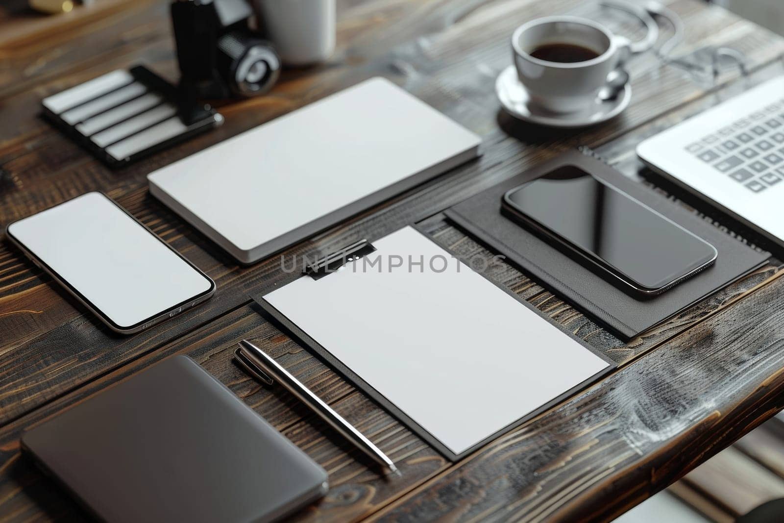 A collection of office supplies including a notebook, a pen, a cup, and a clock. Concept of productivity and organization