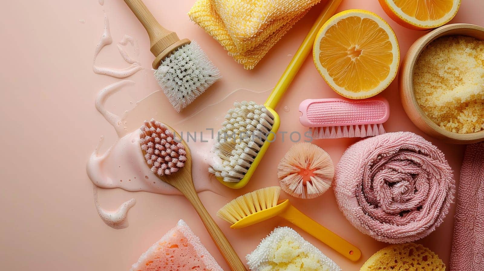 A row of pink cleaning tools including a toothbrush, a scrub brush, and a sponge. Concept of cleanliness and organization