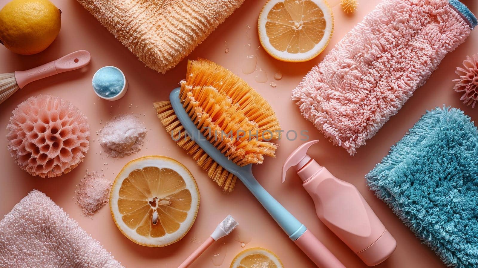 A row of pink cleaning tools including a toothbrush, a scrub brush, and a sponge. Concept of cleanliness and organization