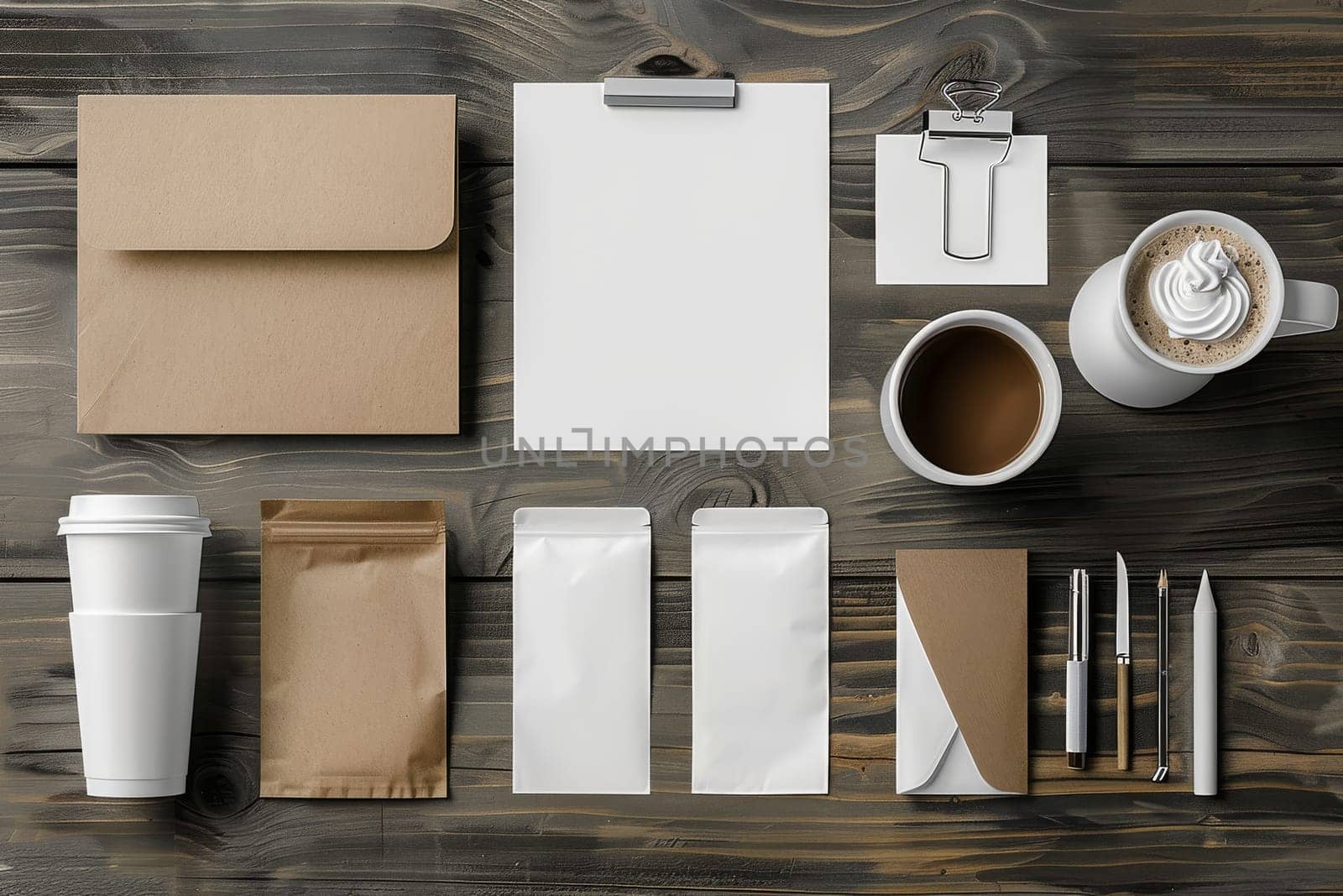 A collection of office supplies including a notebook, a pen, a cup, and a clock by itchaznong