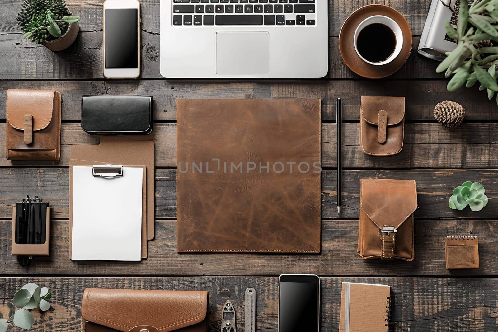 A collection of office supplies including a notebook, a pen, a cup, and a clock. Concept of productivity and organization