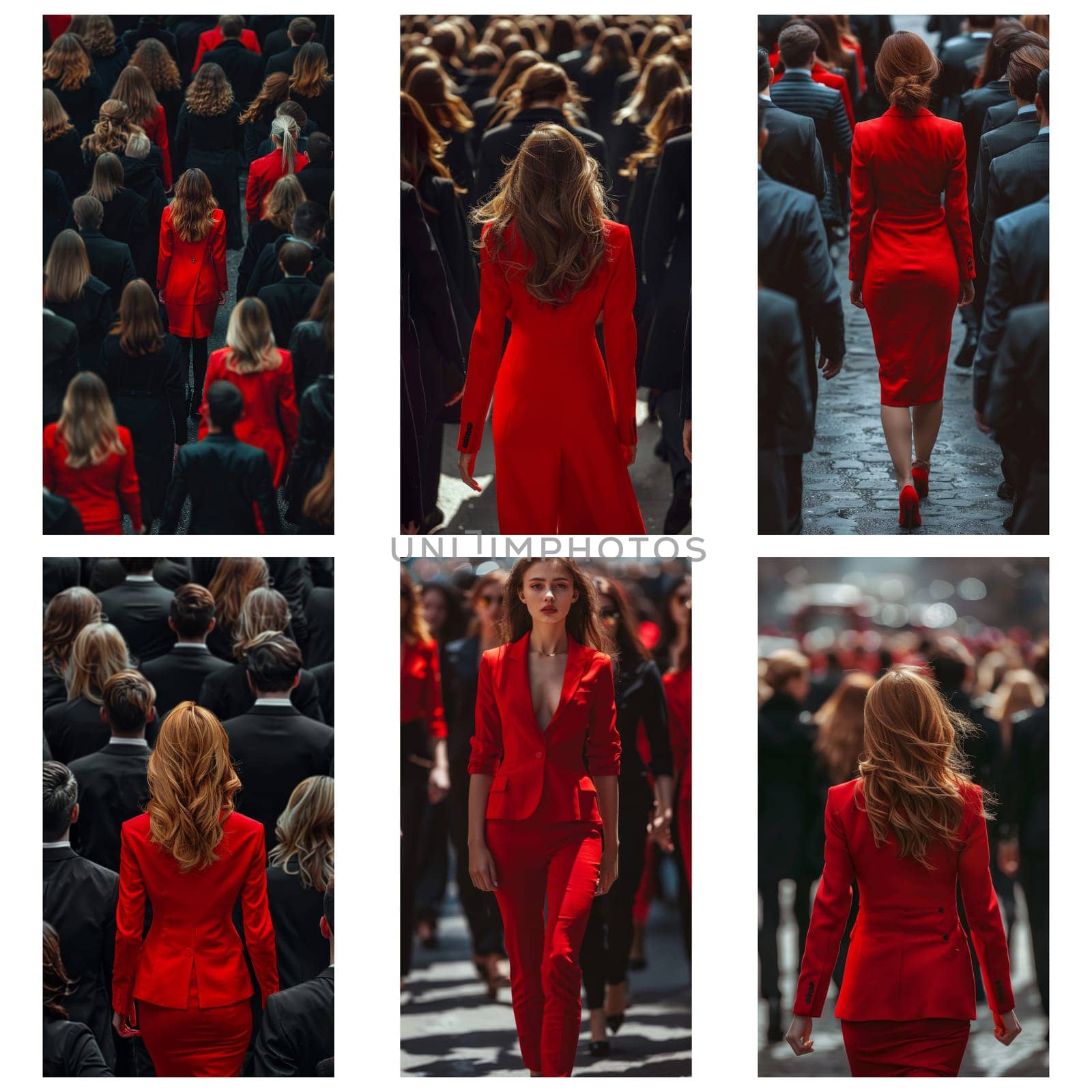 A woman in a red dress walks down a crowded street. The image is a collage of different shots of the woman in various poses and settings. Scene is one of elegance and sophistication