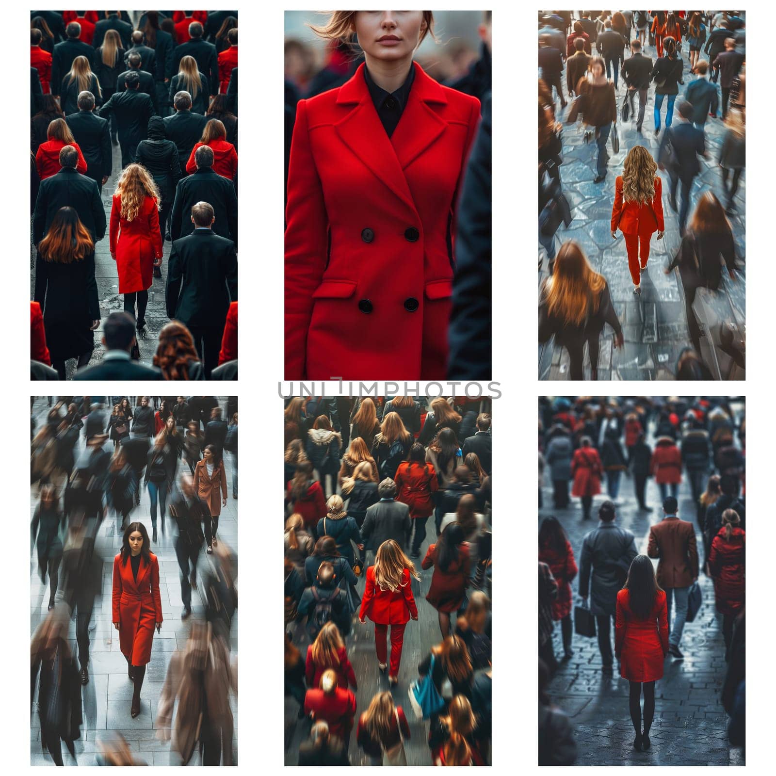 A woman in a red dress walks down a crowded street. The image is a collage of different shots of the woman in various poses and settings. Scene is one of elegance and sophistication